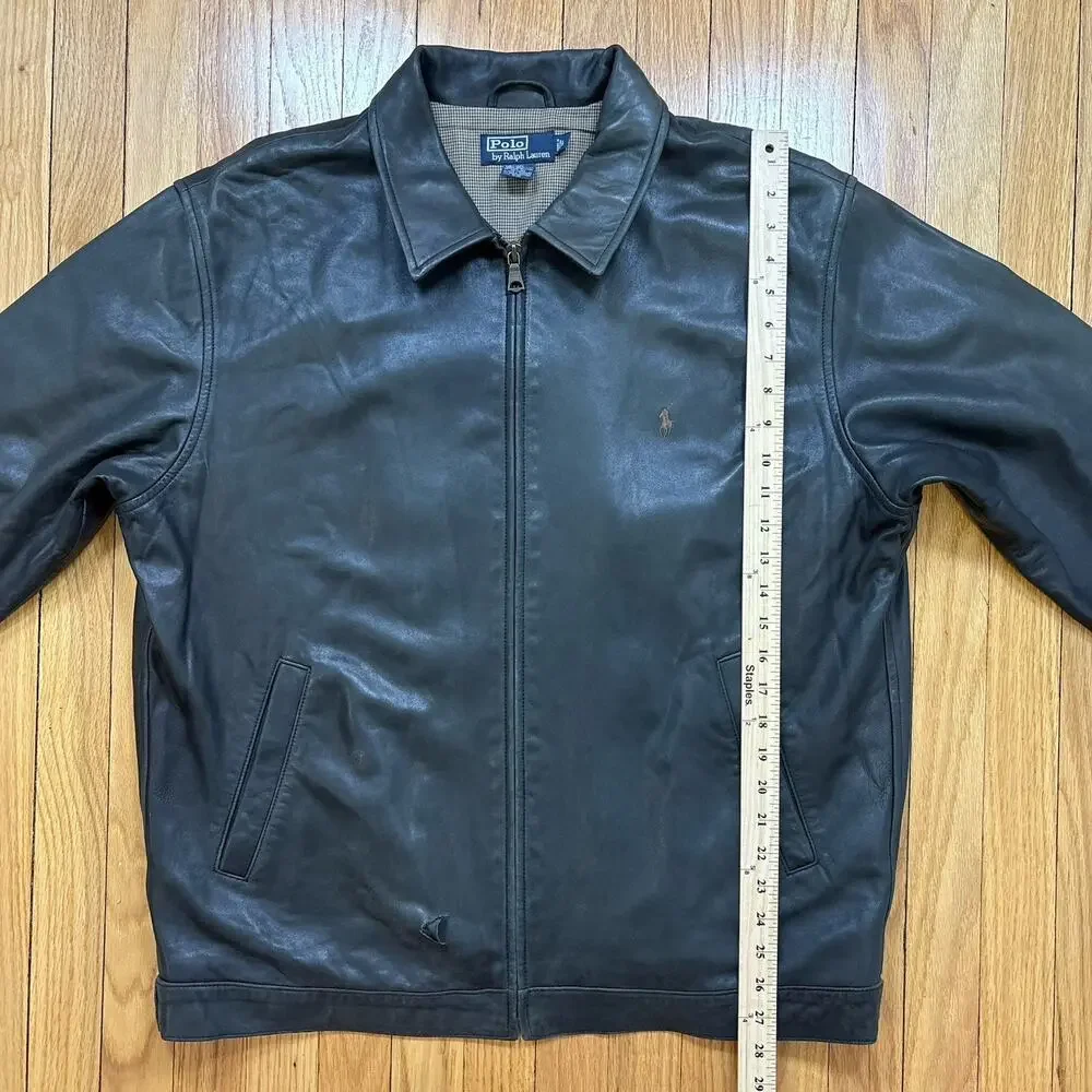 Polo Ralph Lauren Leather Jacket Men’s Size L Zip Front Plaid Lined *Flaw Read - Picture 12 of 16